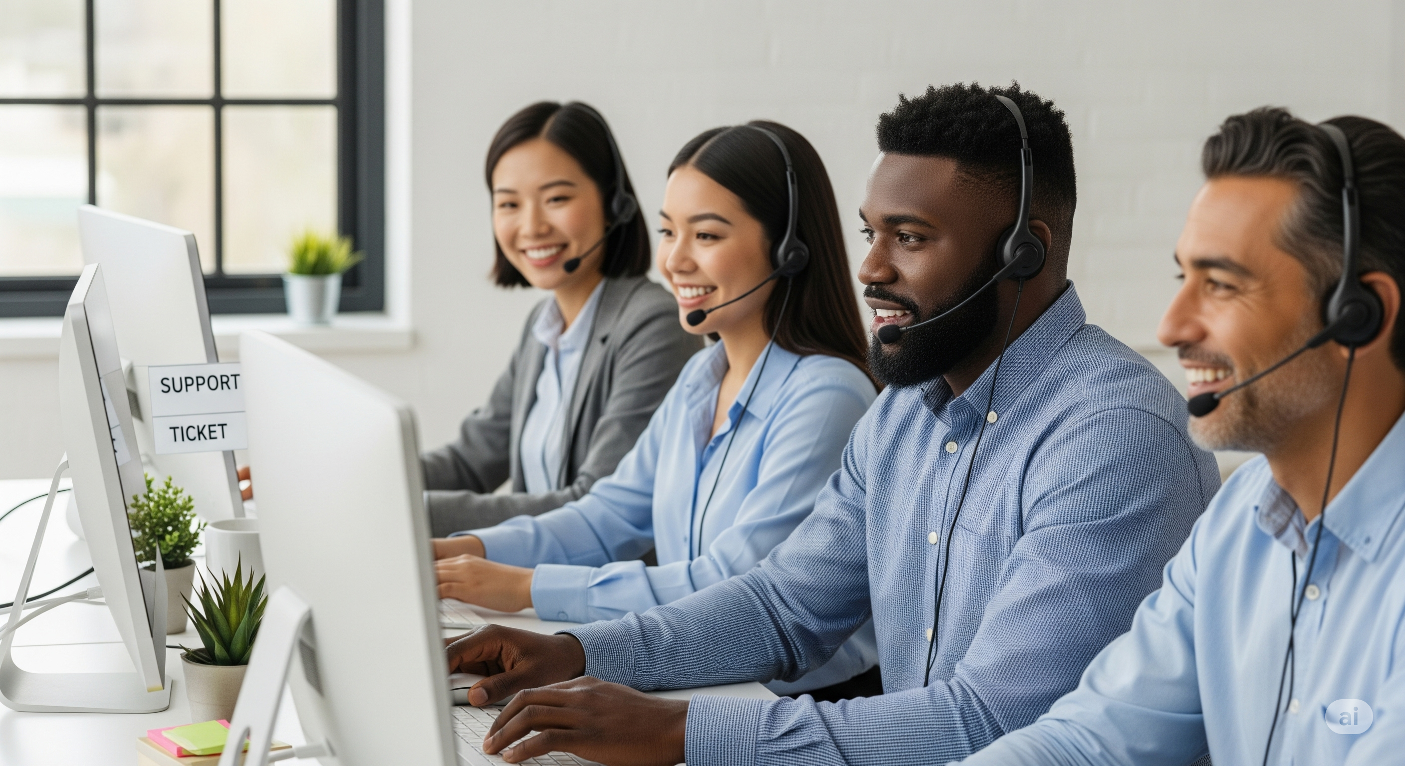 Diverse customer service representatives assisting clients virtually
